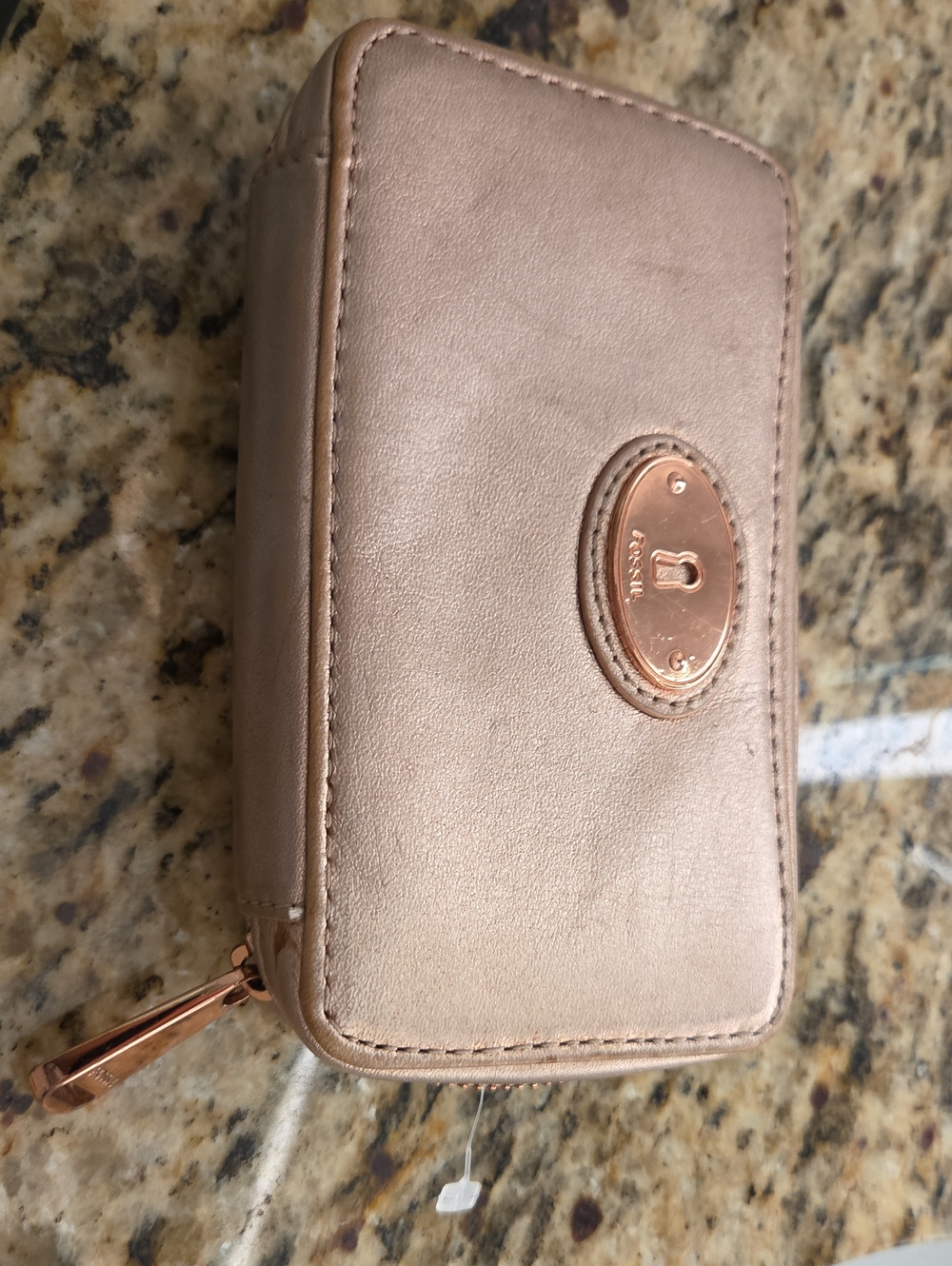 Fossil Rose Gold Metallic Leather Zip Jewelry Case